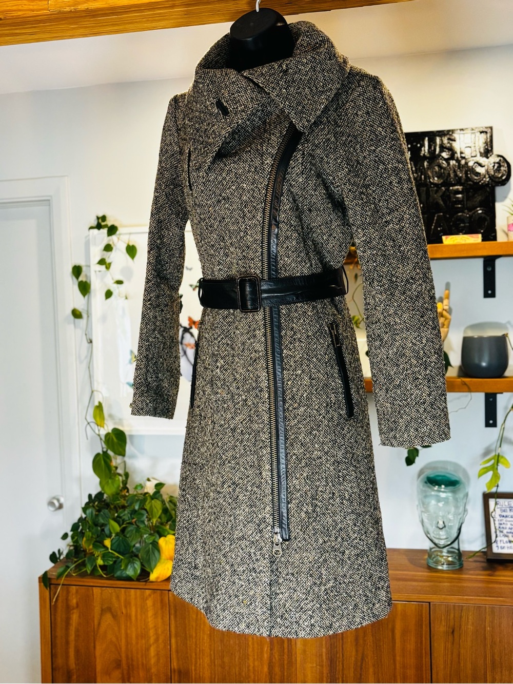 Mackage Made in Canada Asymmetrical Tweed Wool Coat w/ Leather Details -